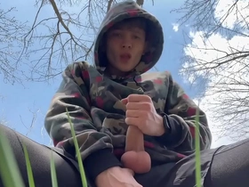 Sweet boy jerking his big dick (23cm) outdoor / huge cumshot on camera / boy / monster dick