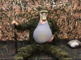 Russian military man pumps his stomach with a pump in the army and cums in your face!!! inflate belly inflation
