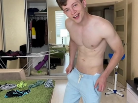 Teen boy trying to hide monster cock ( 23 cm ) in tight pants from his / unncut / big dick /