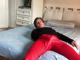 Fetish with red leather pants