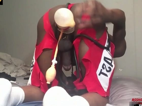 Using huge dildo to up his destroyed hole - the ass bouquet of buttplug with the inflatable pumps, moaning with a prolapsed black eye - ass monkey - theamofficial